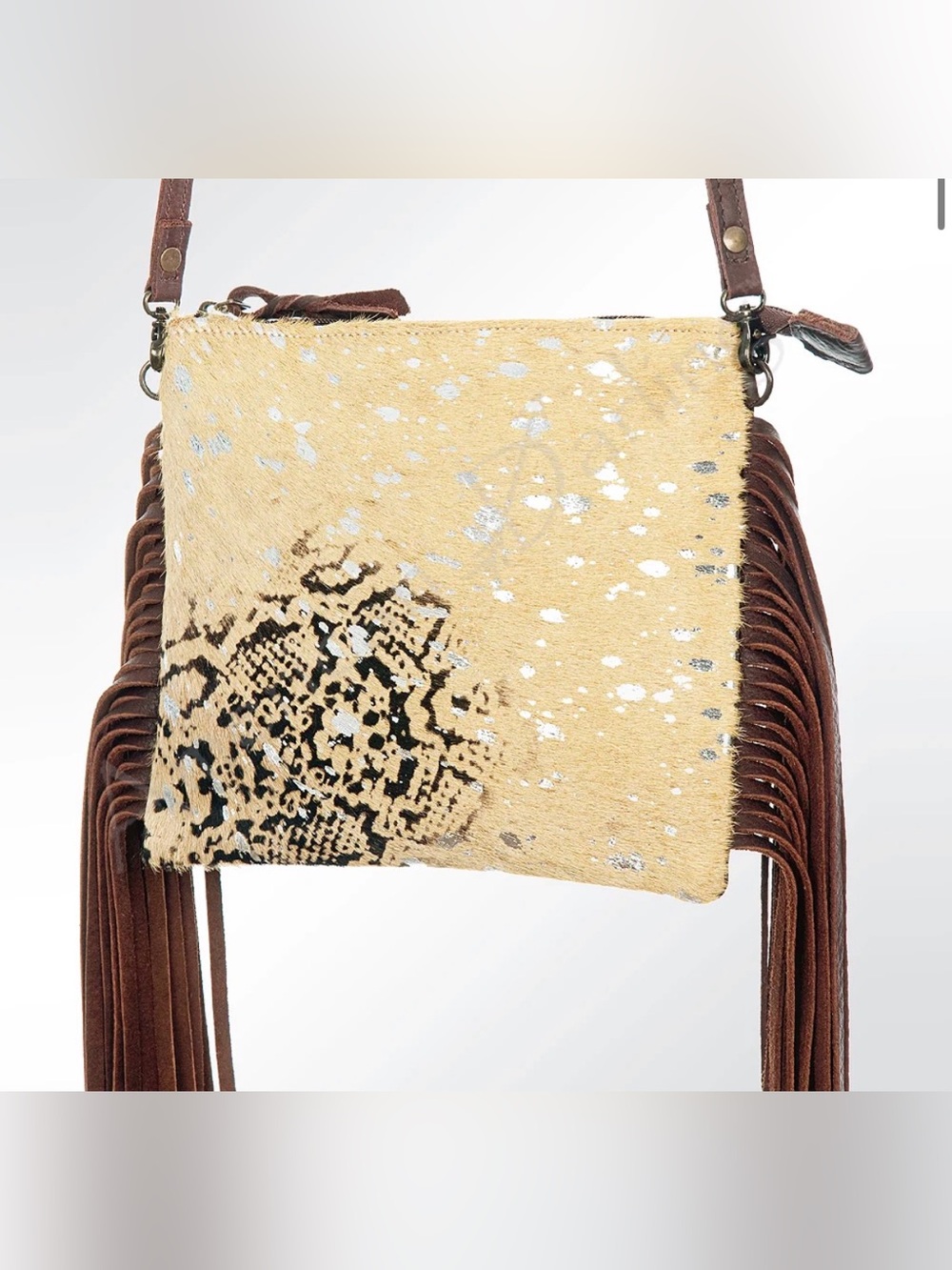 Western Bag Fringed Haircalf Crossbody Bag with Metallic Accents